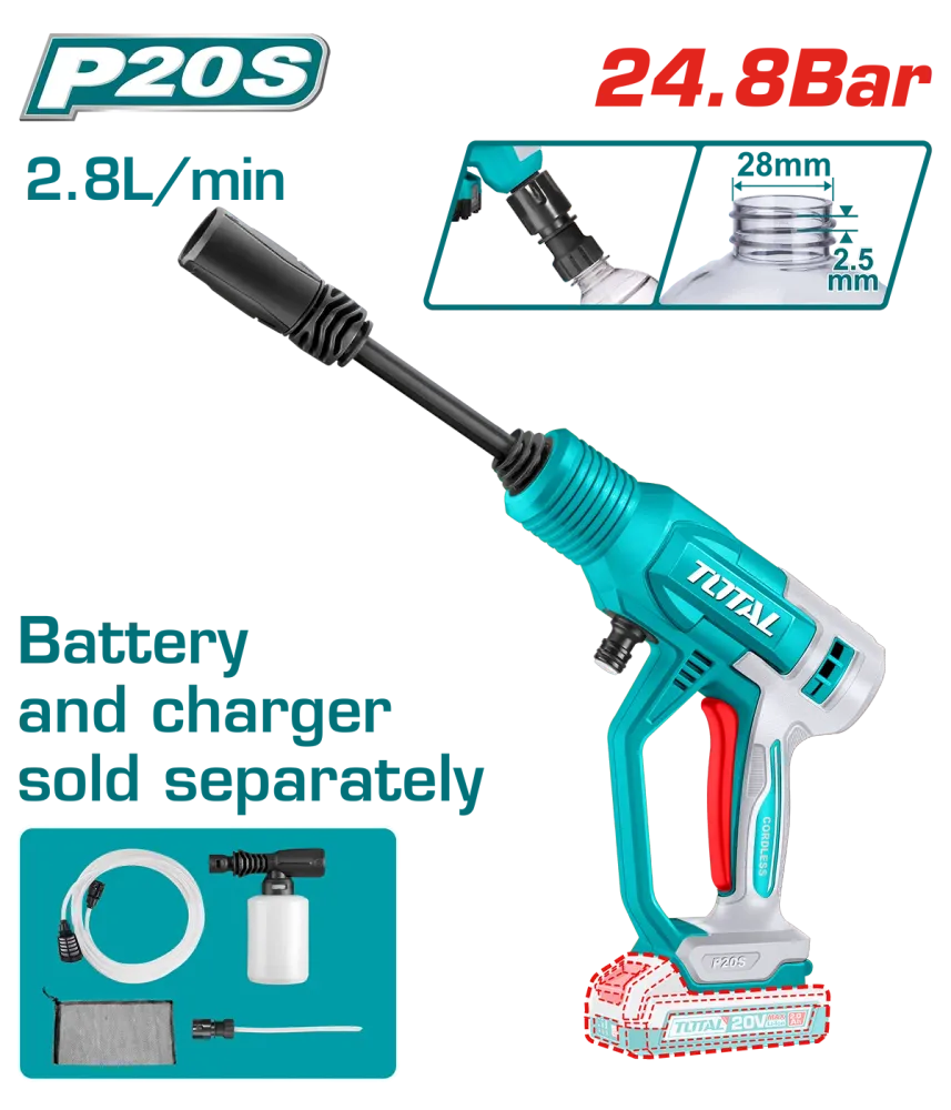 Aparat de spalat cu presiune TOTAL 20V – Portabil, 24.8 Bar, Autoabsorbtie, Li-Ion