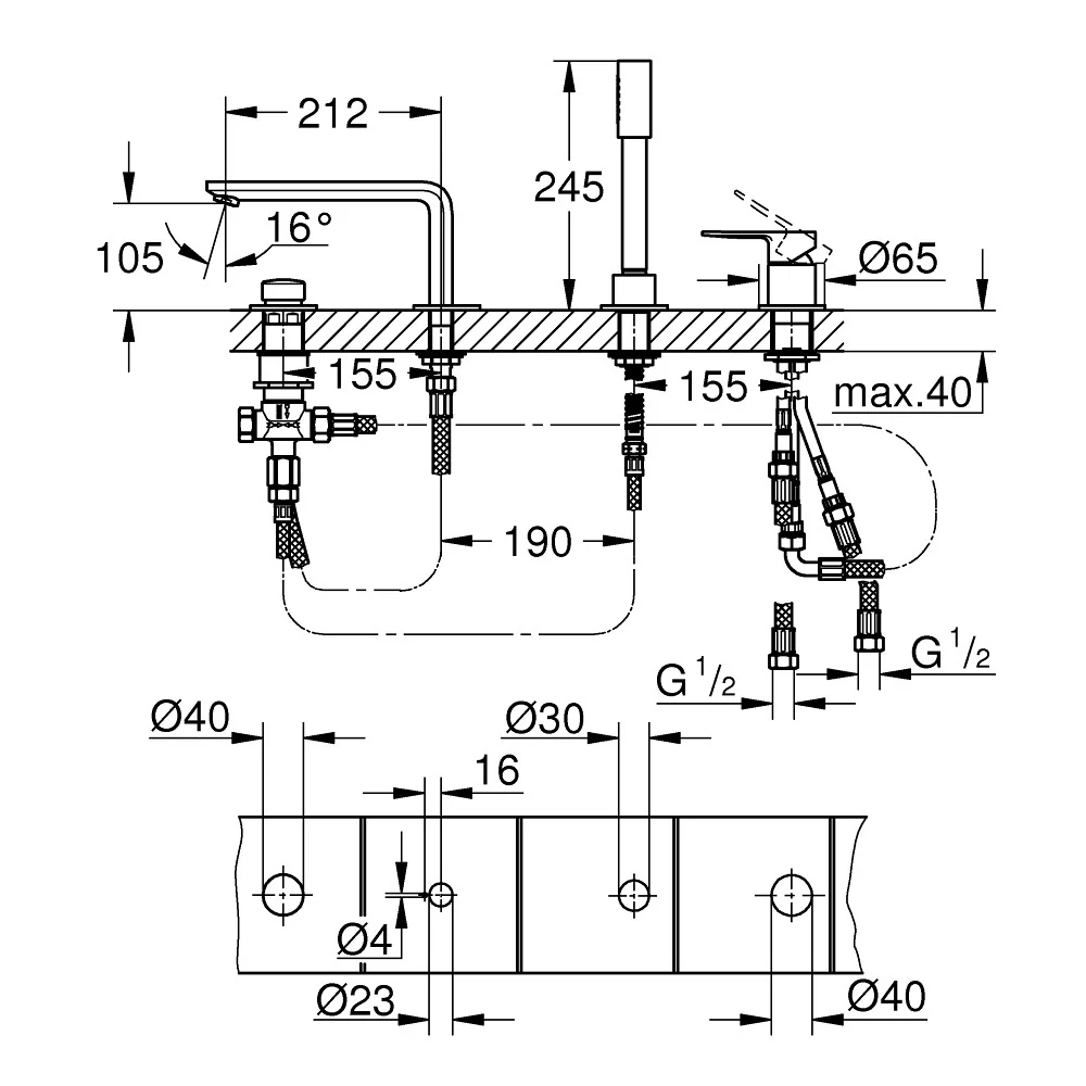 Grohe Lineare Baterie cada dus monocomanda si set dus, 4 orificii, crom