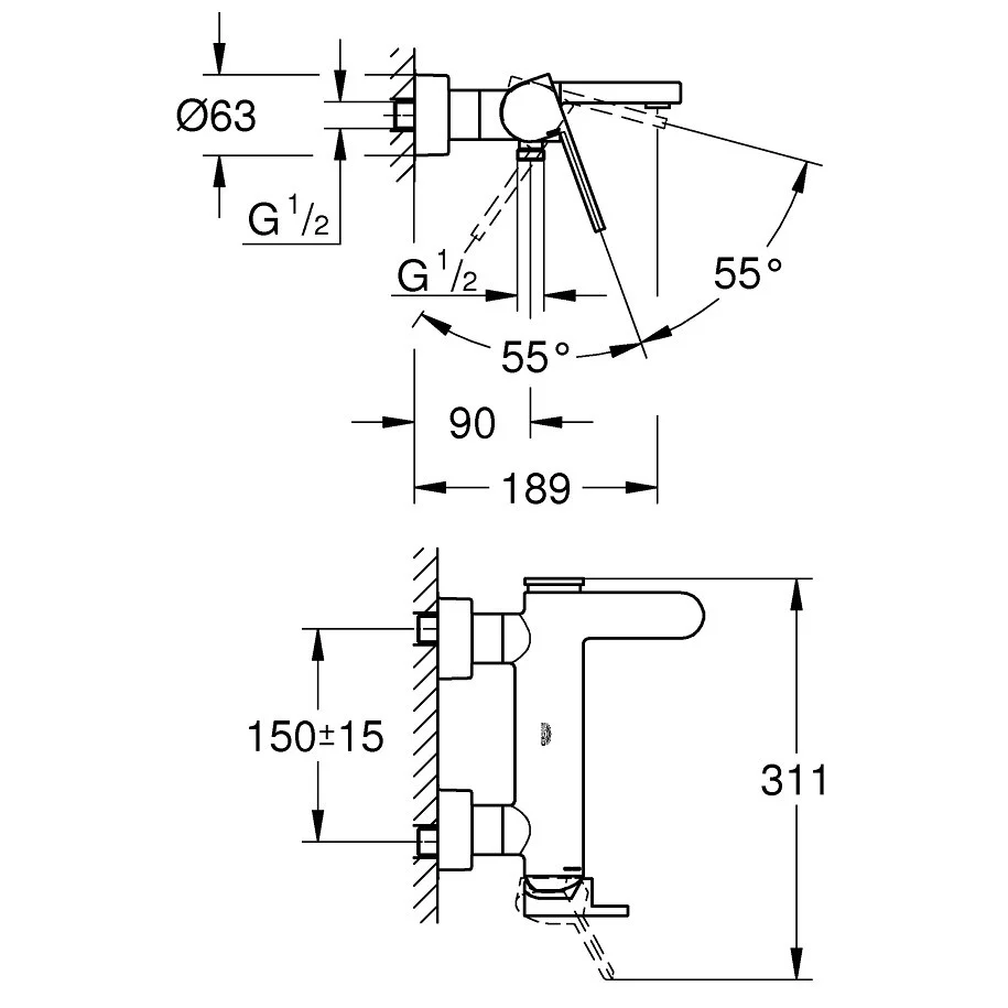 Grohe Plus Baterie cada dus monocomanda, aspect inox (supersteel)