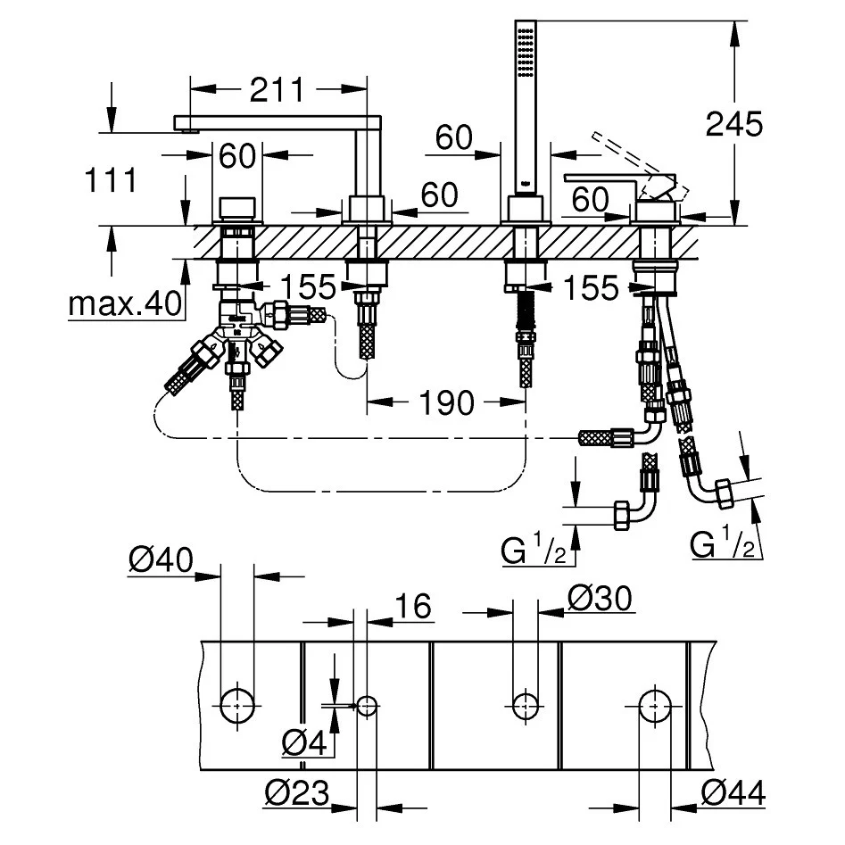 Grohe Plus Baterie cada dus monocomanda cu set dus, montaj pe cada, aspect inox (supersteel)