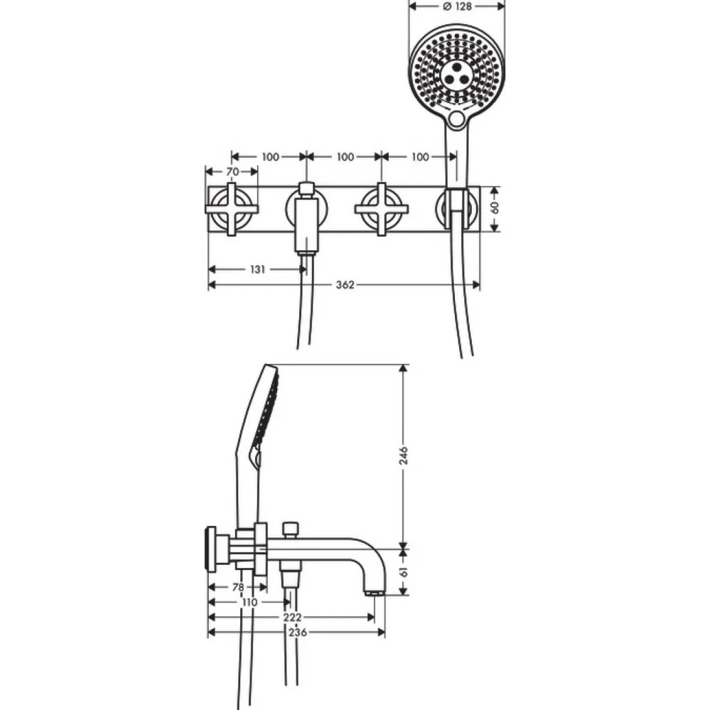 Hansgrohe Axor Citterio Baterie cada dus cu 3 gauri cu placa, montaj pe perete, manere cruce