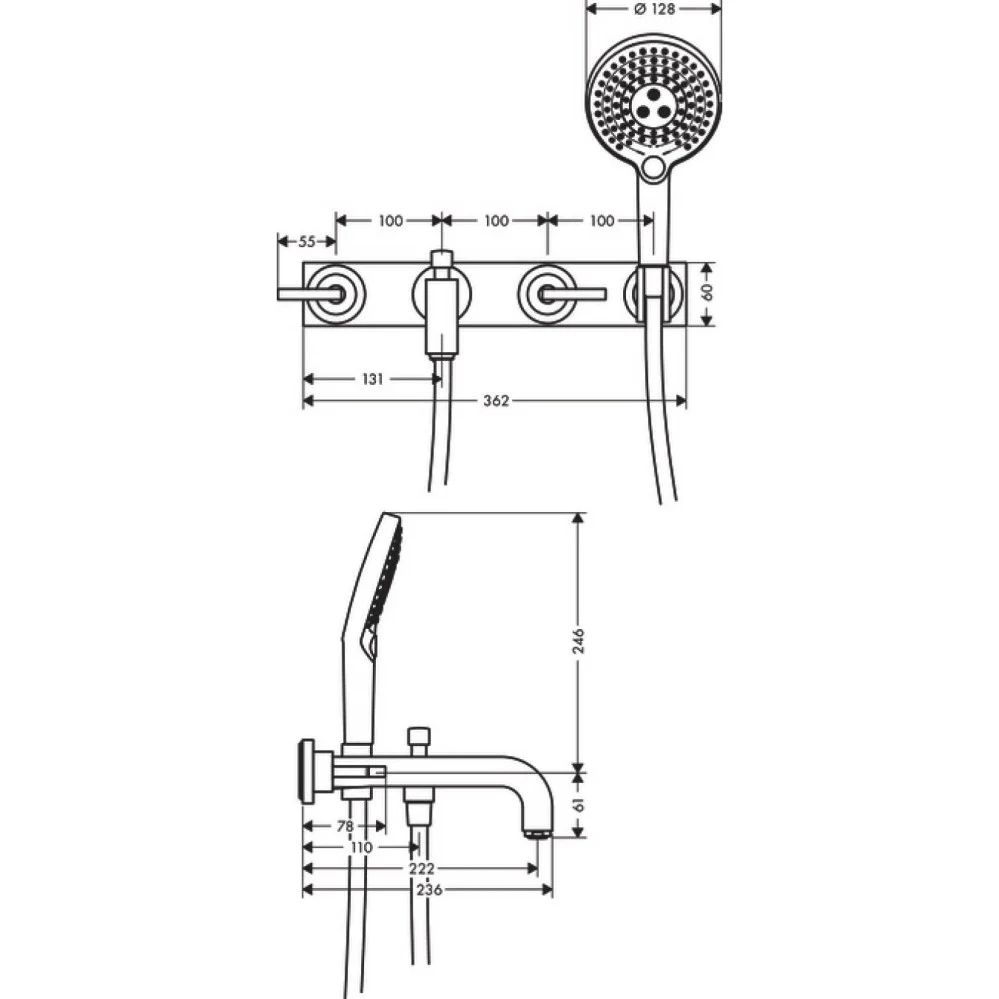 Hansgrohe Axor Citterio Baterie cada dus cu 3 gauri cu placa, montaj pe perete, manere drepte