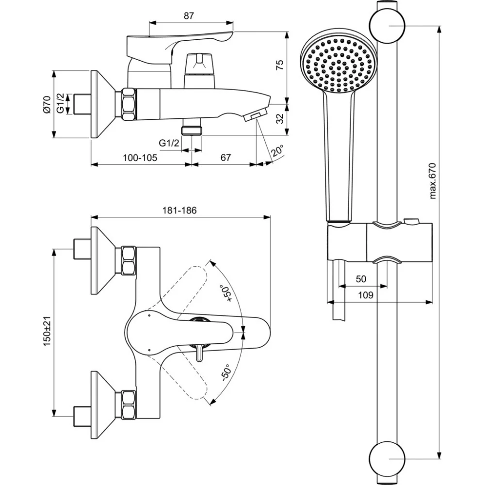 Ideal Standard Alpha Baterie cada dus monocomanda cu set dus