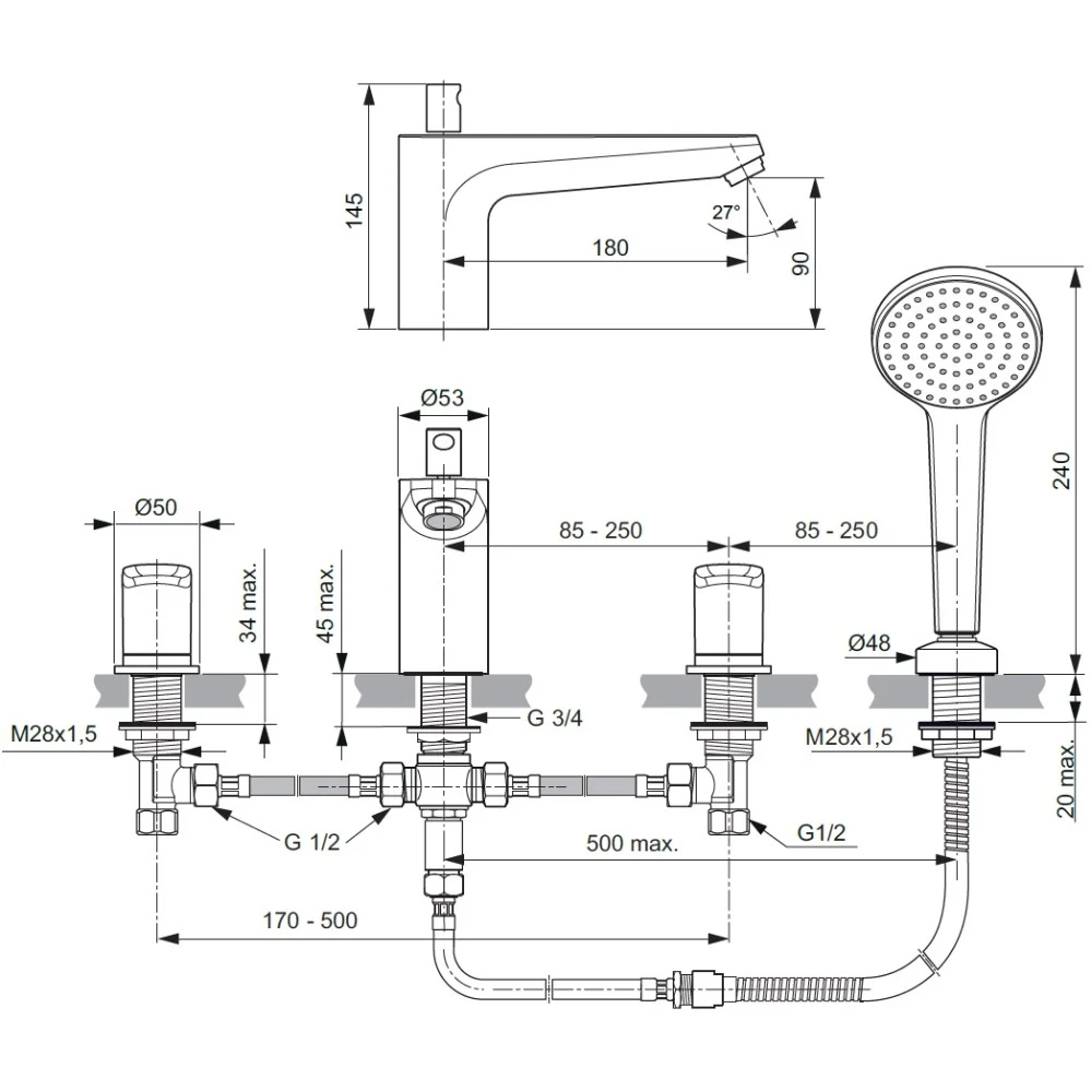 Ideal Standard Ceraflex Baterie cada dus dubla comanda, montaj pe cada