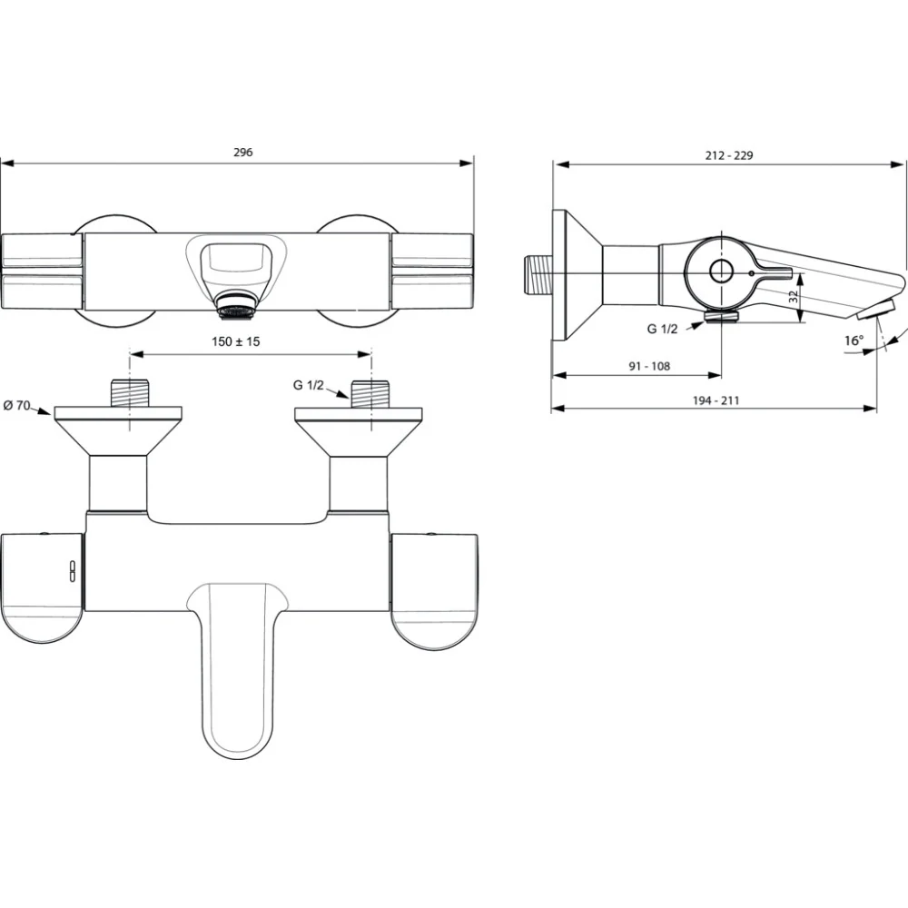Ideal Standard Ceraplus 2 Baterie cada dus cu termostat, conectori S on/off