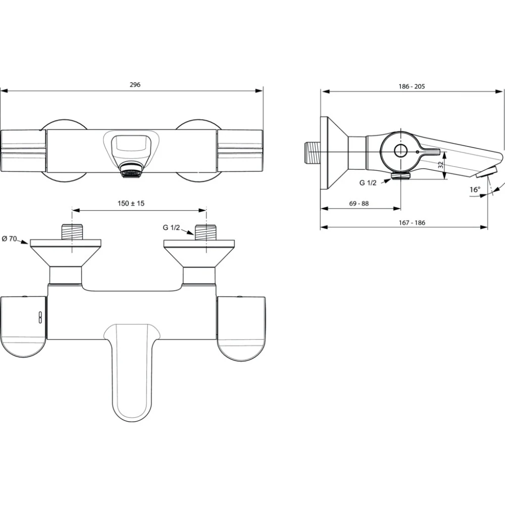 Ideal Standard Ceraplus 2 Baterie cada dus cu termostat, fara conectori S on/off