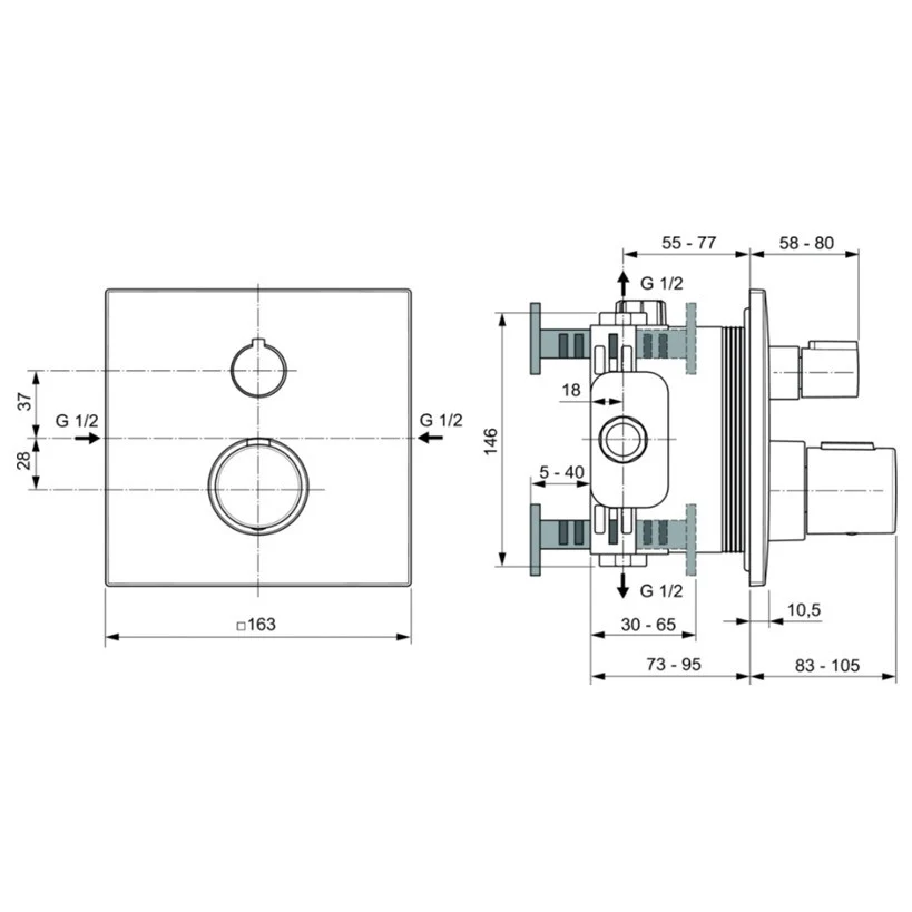 Ideal Standard CeraTherm C100 Baterie cada dus cu termostat, incastrata, gri argintiu (silver storm PVD)