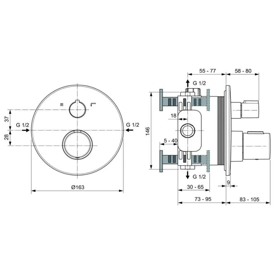 Ideal Standard CeraTherm T100 Baterie cada dus cu termostat, incastrata, negru mat (silk black)