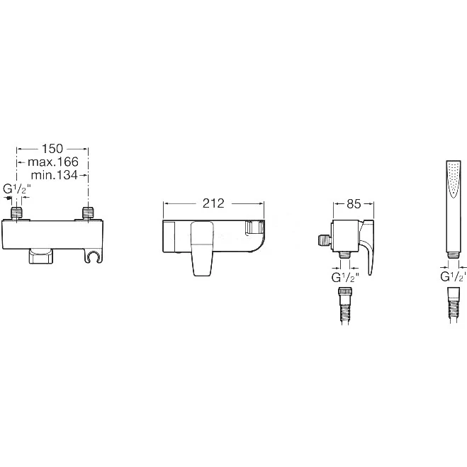 Roca Thesis Baterie cada dus, set complet, montaj pe perete
