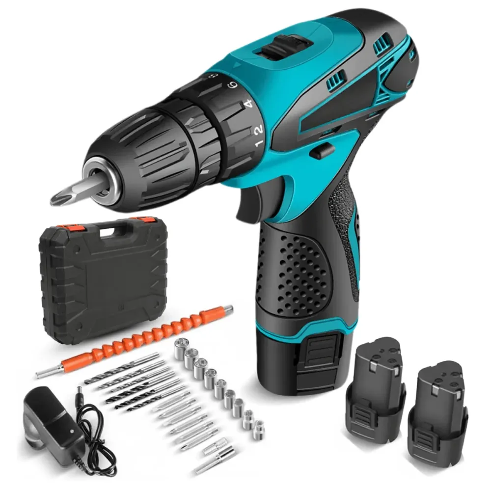 Masina de gaurit si insurubat, Bormasina cu percutie, Cutie cu 25 accesorii, 2 Acumulatori, 2 trepte 350/1350 RPM, Cuplu 3...