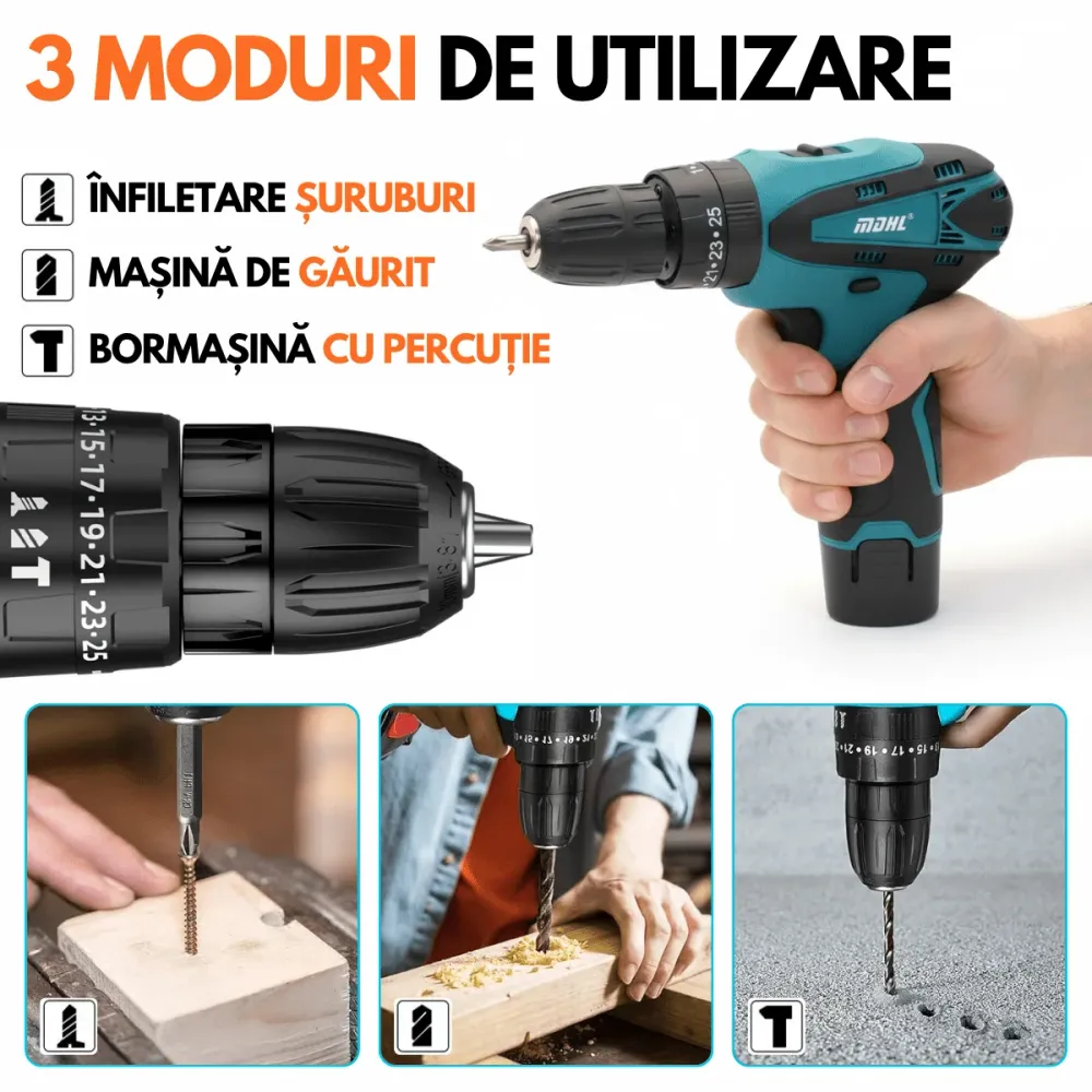 Masina de gaurit si insurubat, Bormasina cu percutie, Cutie cu 25 accesorii, 2 Acumulatori, 2 trepte 350/1350 RPM, Cuplu 3...