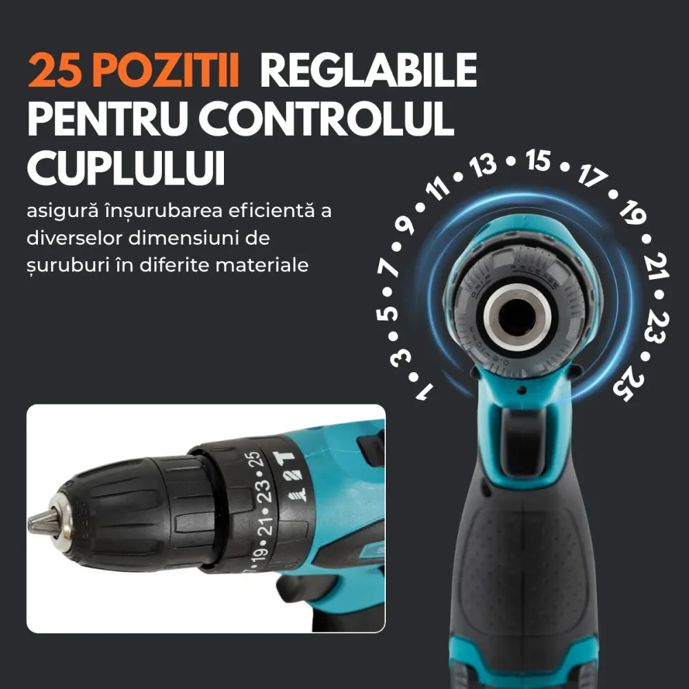 Masina de gaurit si insurubat, Bormasina cu percutie, Cutie cu 25 accesorii, 2 Acumulatori, 2 trepte 350/1350 RPM, Cuplu 3...