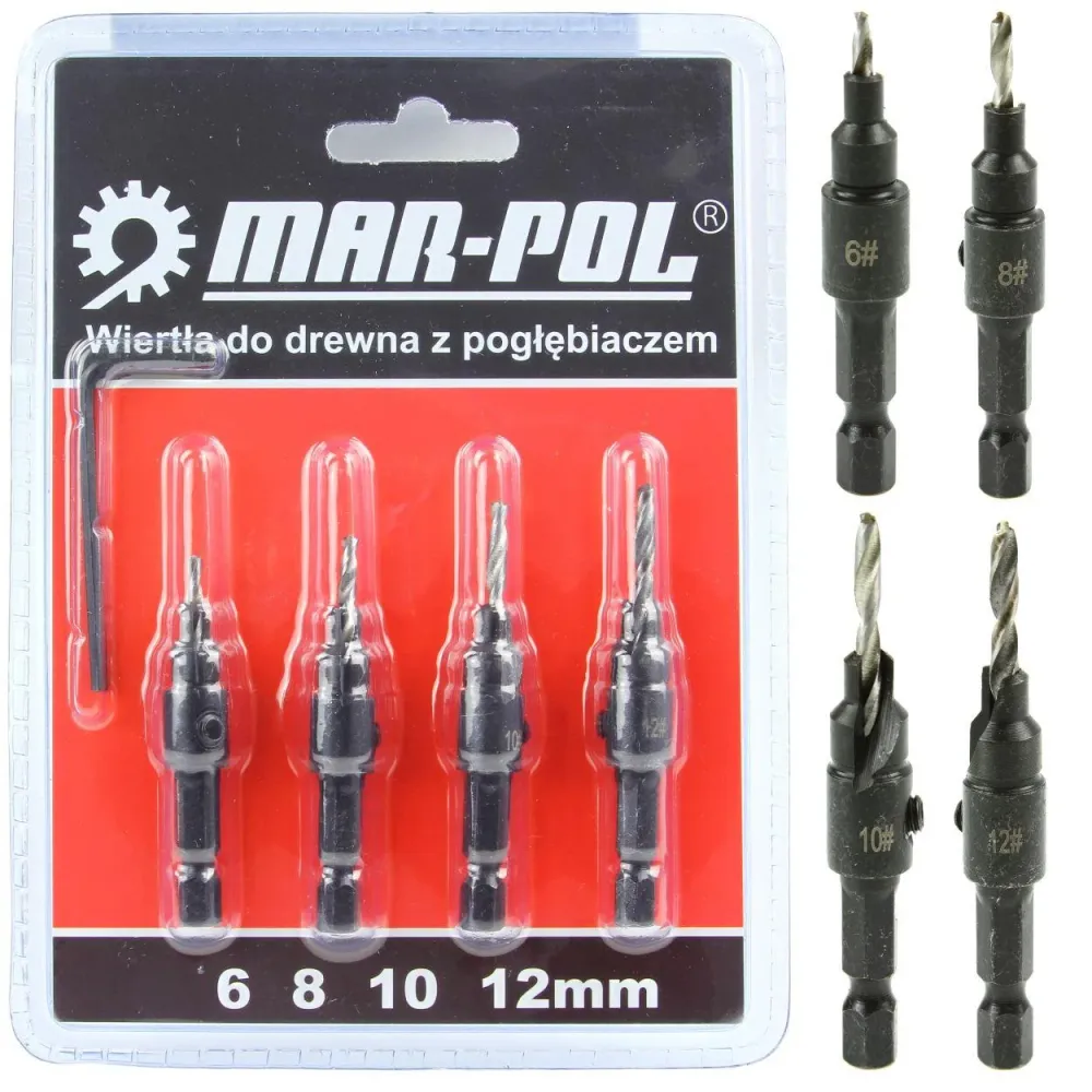 Set de 4 burghie pentru lemn cu scufundare hexagonală de 1/4"