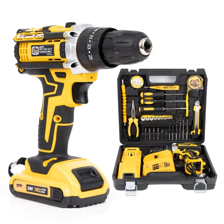 Bormasina Electrica 48V cu Percutie + Trusa Autofiletanta: 2 Acumulatori, Incarcator si 24 Accesorii