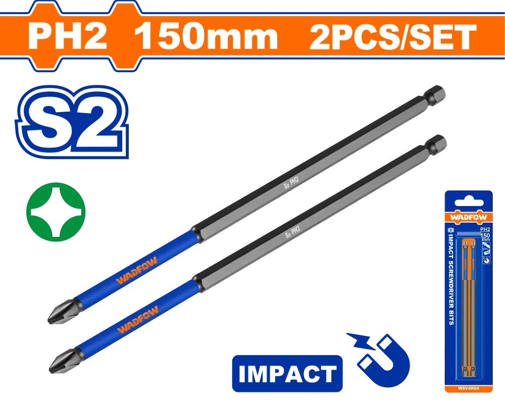 Set 2 biti impact Wadfow, otel industrial, varf PH2, lungime 150mm