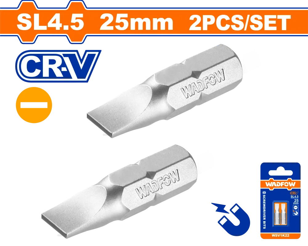 Set 2 biti Wadfow, prindere Hex, CR-V, lungime 25mm, tip varf SL4.5*0.6