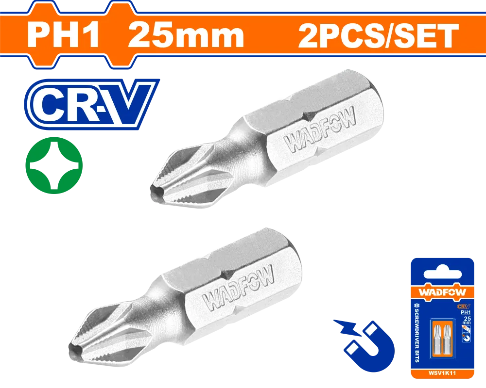 Set 2 biti Wadfow, prindere Hex, CR-V, lungime 25mm, tip varf PH1