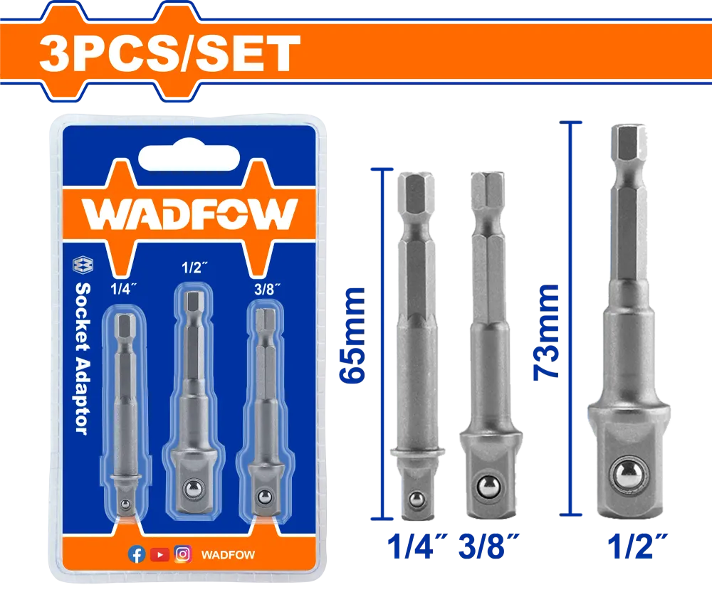 Set 3 adaptoare chei tubulare Wadfow, otel, 1/4”, 3/8", 1/2", prindere HEX