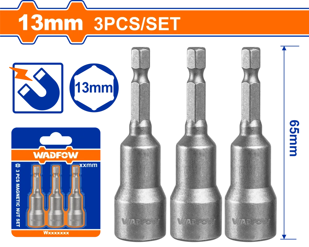 Set 3 adaptoare chei tubulare Wadfow, otel, 1/4” HEX, lungime 65mm, 13mm
