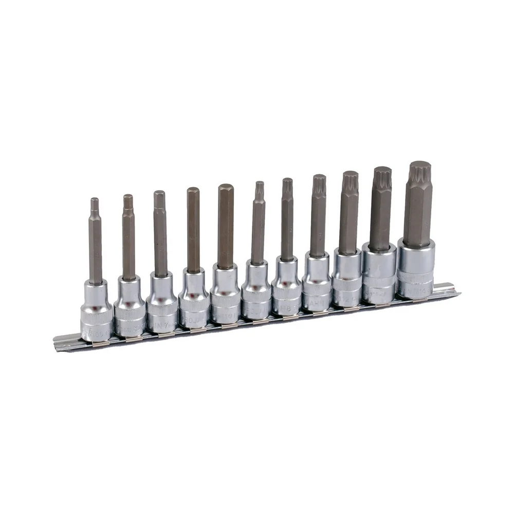 Set de chei tubulare bit cu caneluri + hexagonal 1/2" PROJAHN, 5-10 mm, M6-M16 suport sina 11 buc/set