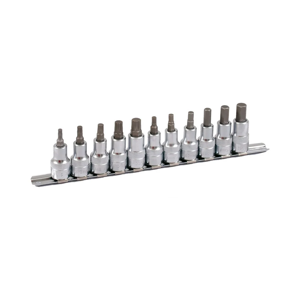 Set de chei tubulare bit cu caneluri + hexagonali 1/2" PROJAHN, M5-M16 suport sina 11 buc/set