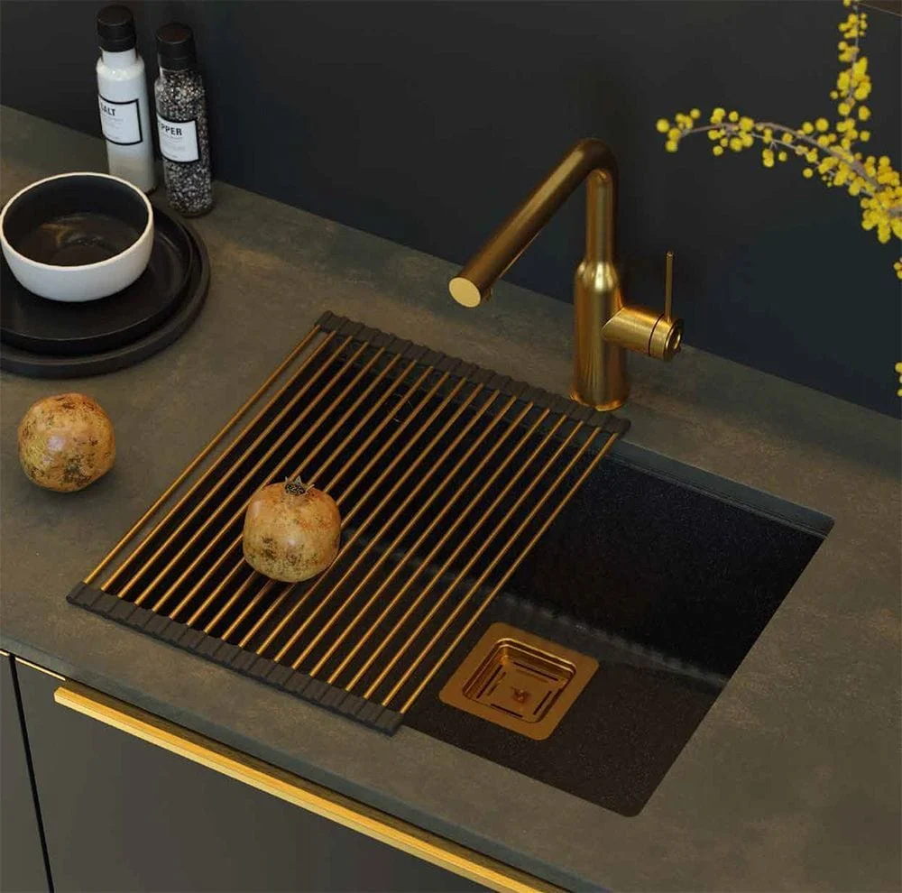 Chiuvetă din granit David 50 Quadron, negru metalic, ventil auriu