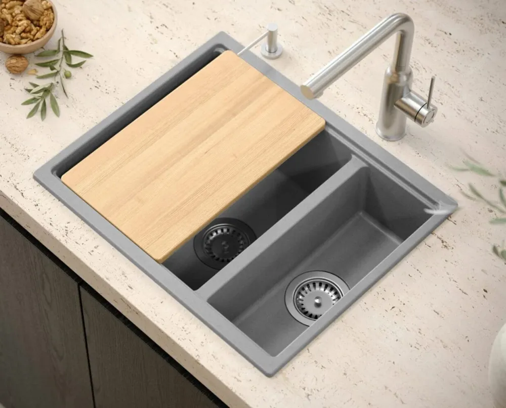 Chiuvetă din granit Logan 150 Quadron, negru metalic, ventil argintiu