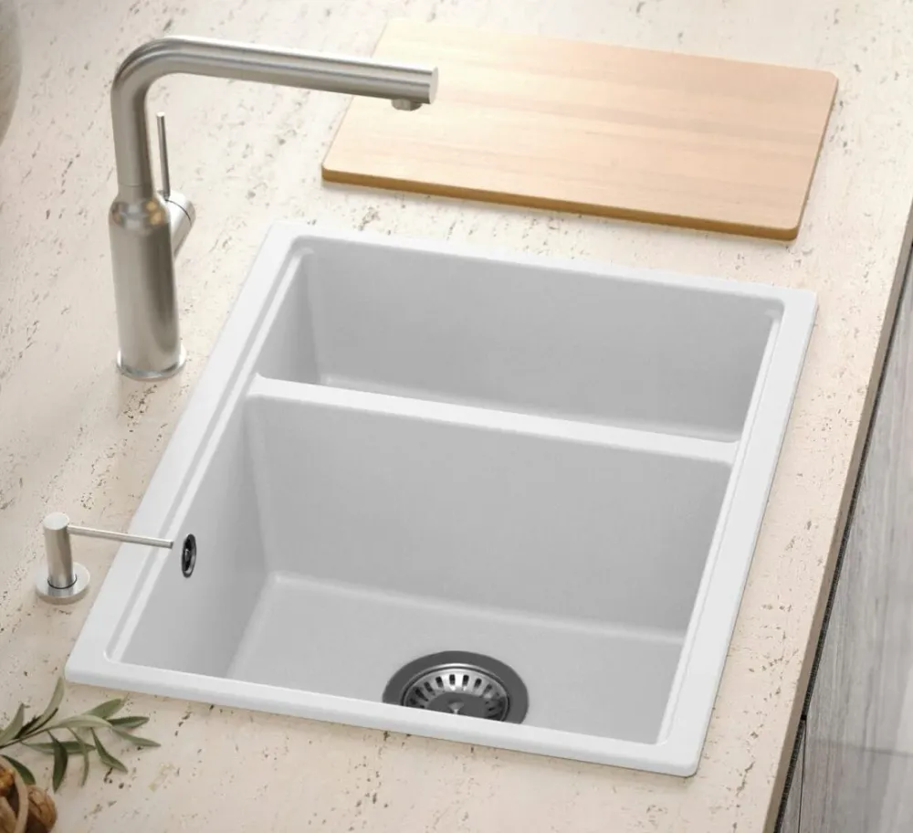 Chiuvetă din granit Logan 150 Quadron, alb, ventil argintiu