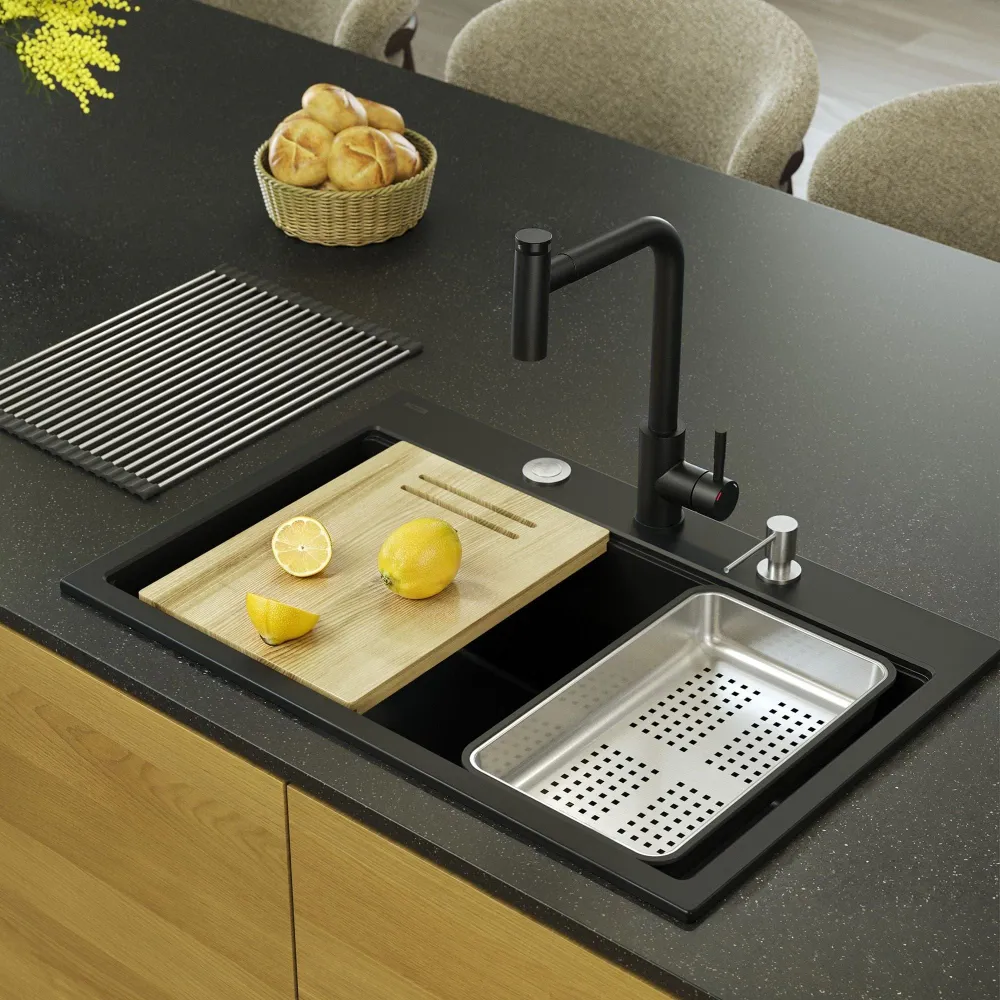 Chiuvetă din granit Marc 110 Quadron,workstation, negru, ventil si accesorii rose