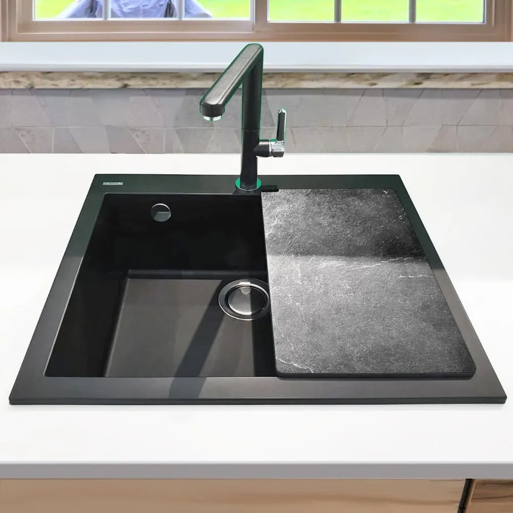 Chiuveta bucatarie granit CookingAid Cube ON5610 Neagra Nanostone Deep Black + accesorii montaj, 560x500x200mm