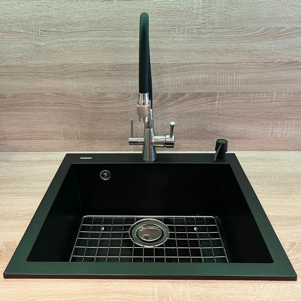 Chiuveta bucatarie granit CookingAid Cube ON5610 Neagra Nanostone Deep Black + accesorii montaj, 560x500x200mm