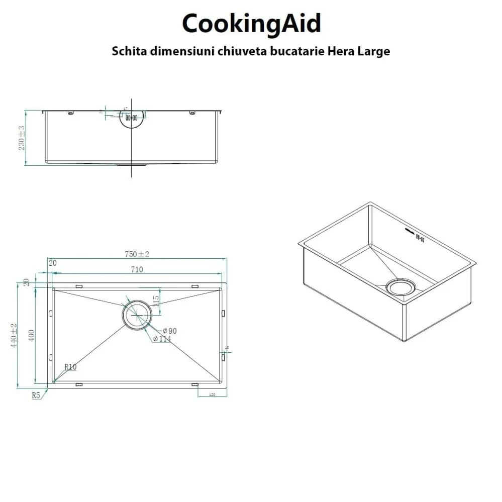 Chiuveta bucatarie inox CookingAid HERA LARGE cu dozator detergent, scurgator, gratar rulabil inox, tocator+accesorii mont...