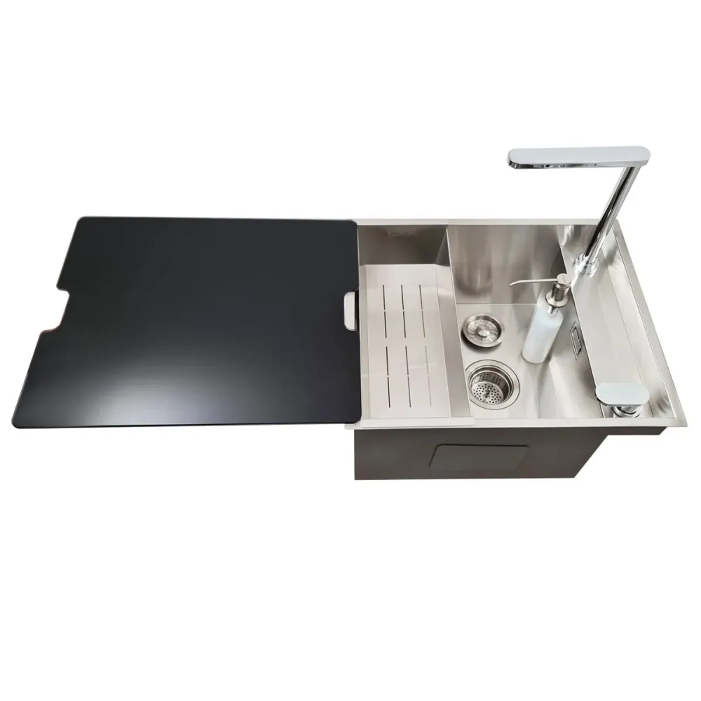 Chiuveta bucatarie inox CookingAid INVISIBLE DEEP cu baterie telescopica integrata, scurgator, tocator sticla temperizata,...