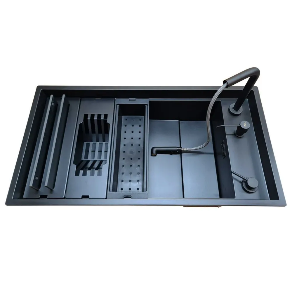 Set chiuveta bucatarie compozit ceramic Invisible Dialogo 360 Workstation Black Matt Neagra cu ventil scurgere negru, capa...