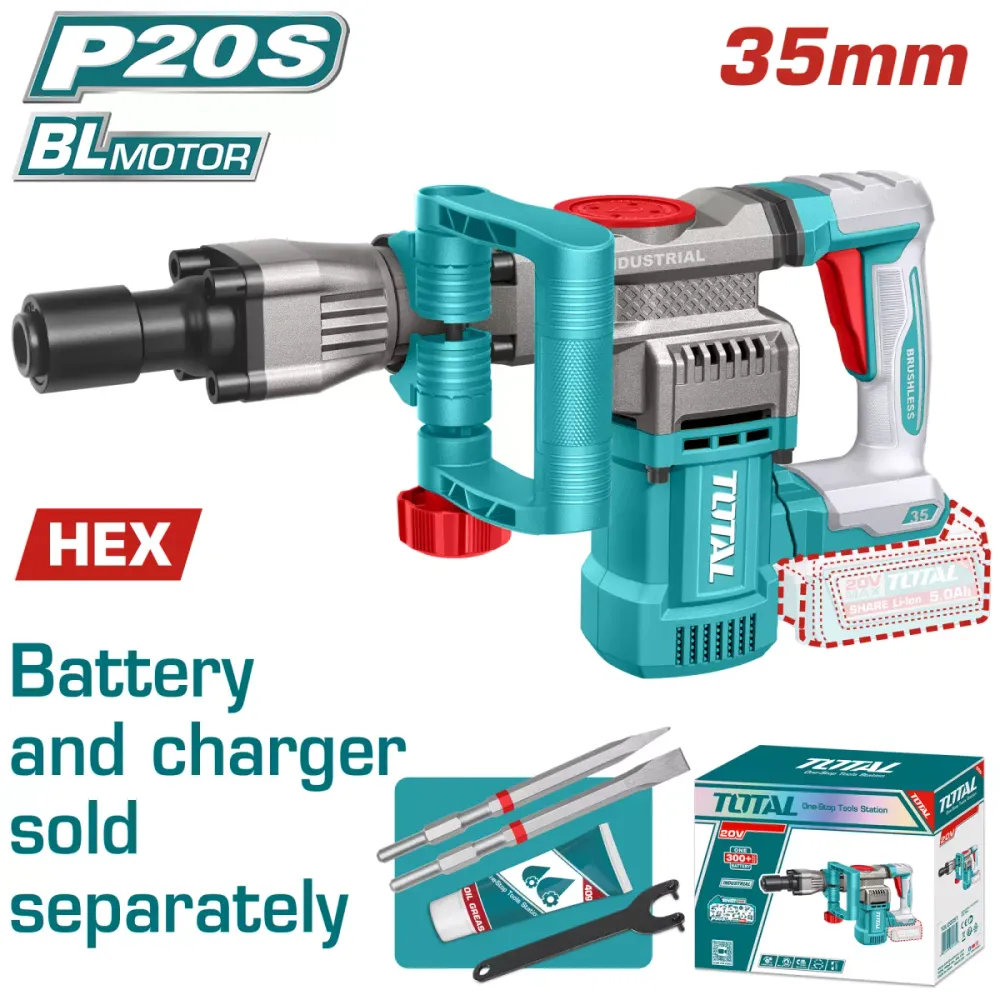 Ciocan demolator TOTAL 20V, 16 J, motor fara perii, 0-3200 bpm, sistem SDS HEX (NU INCLUDE ACUMULATOR)
