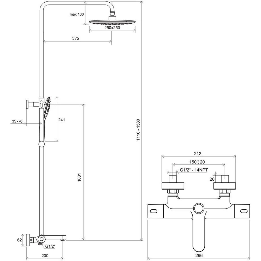 Coloana dus cu baterie cada monocomanda si termostat Ravak Termo 300