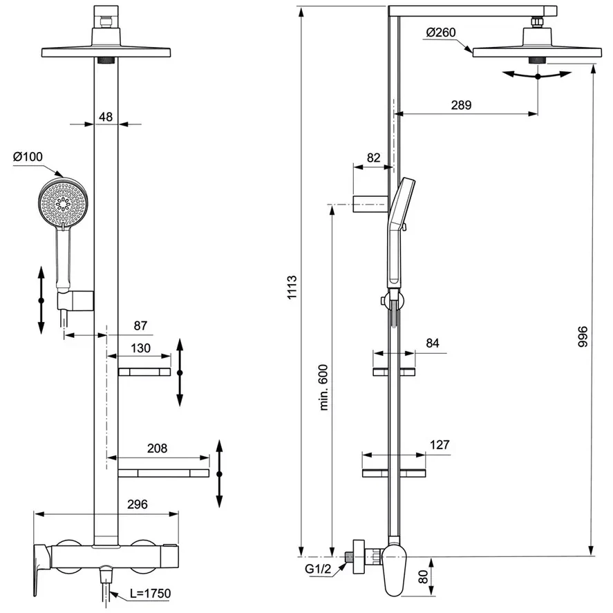 Coloana dus cu baterie fara termostat Ideal Standard Ceraflow Alu+ si doua rafturi, auriu roze (rose mat)