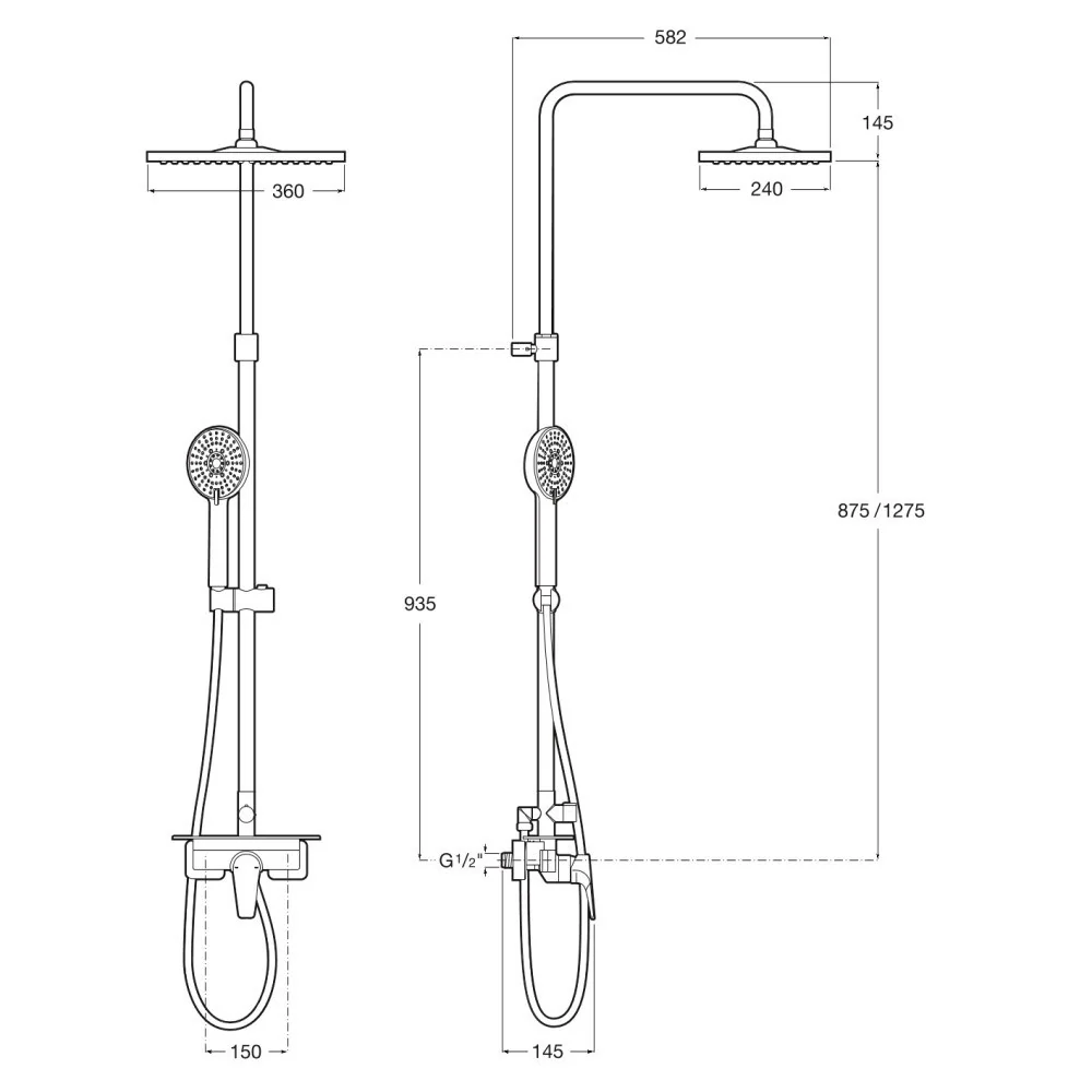 Coloana dus cu baterie fara termostat Roca Even-M, cu inaltime ajustabila si polita, cap dus 36x24 cm