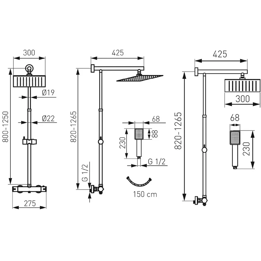 Coloana dus cu baterie monocomanda cu termostat FDesign Anima Square, crom