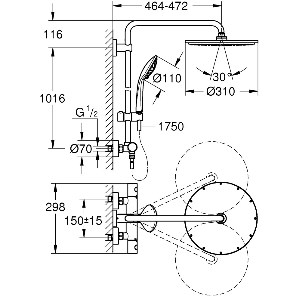 Coloana dus cu baterie si termostat Grohe Euphoria 310, auriu mat