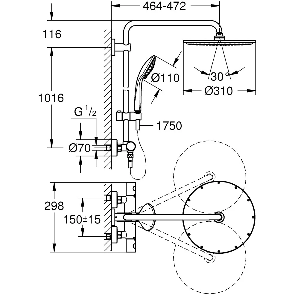 Coloana dus cu baterie si termostat Grohe Euphoria 310, auriu
