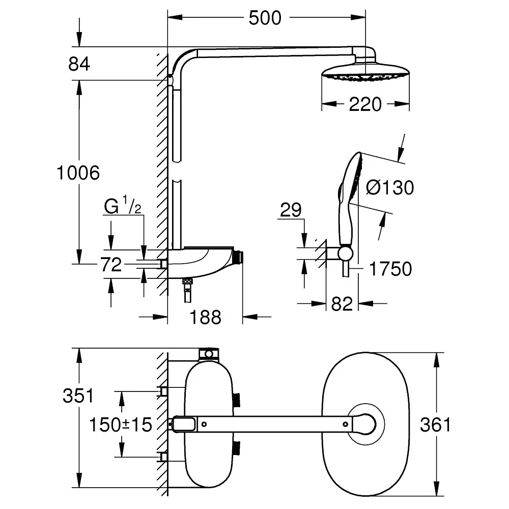 Coloana dus cu baterie si termostat Grohe Rainshower SmartControl 360 Mono