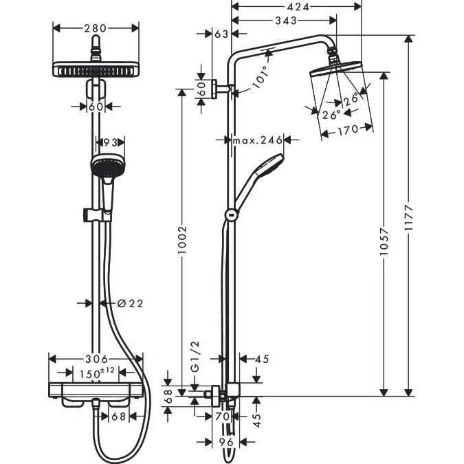 Coloana dus cu baterie si termostat Hansgrohe Croma E280 1 jet, Cool Contact