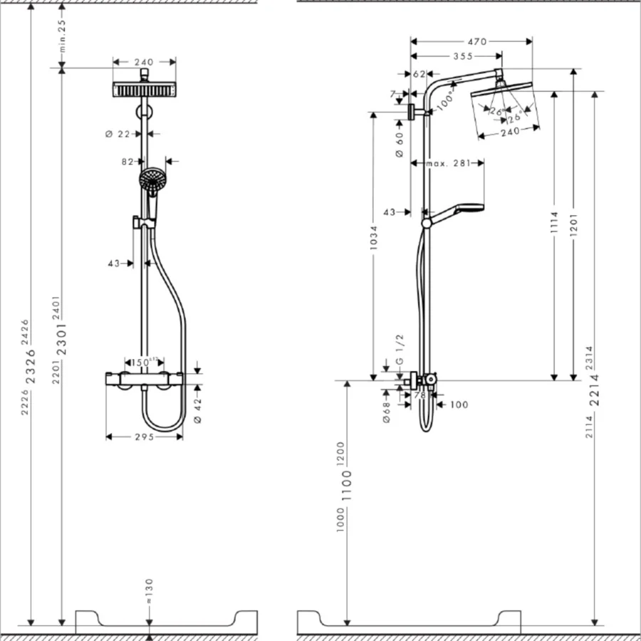Coloana dus cu baterie si termostat Hansgrohe Crometta E 240 1jet, H120 cm