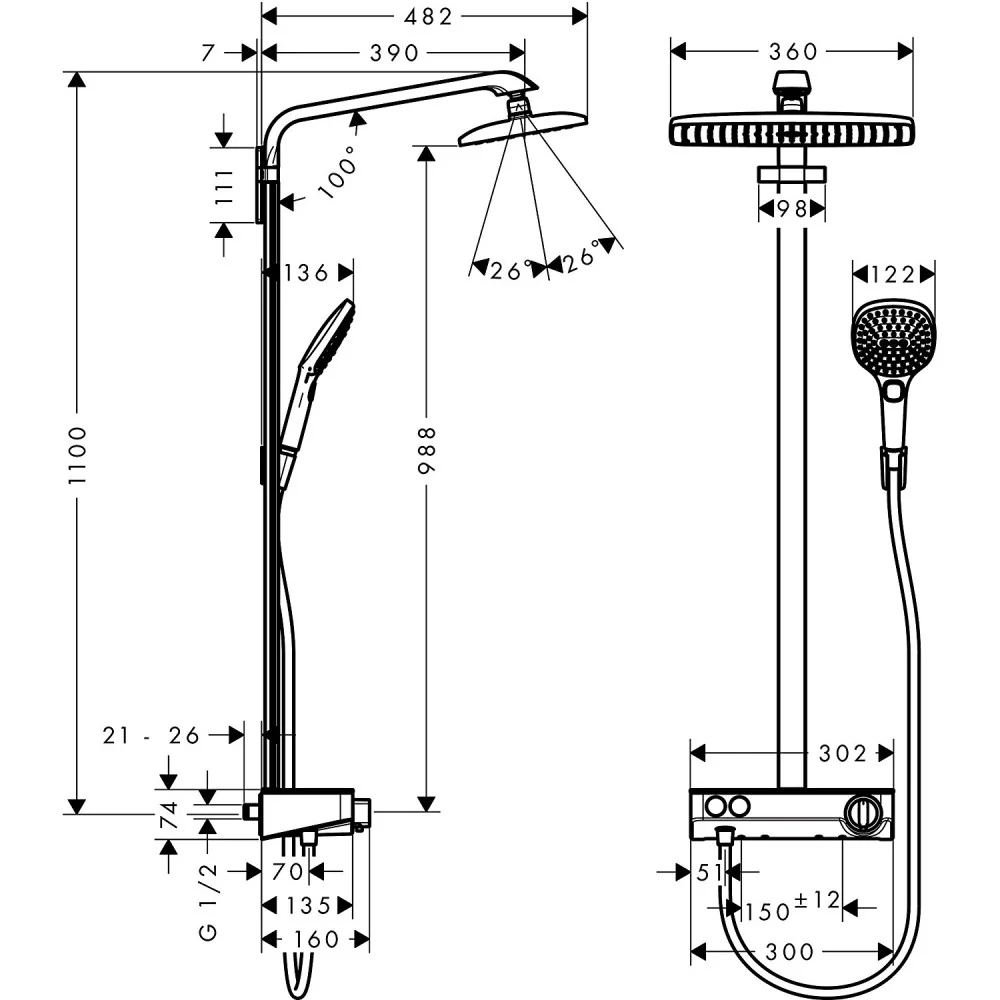 Coloana dus cu baterie si termostat Hansgrohe Raindance Select E 360 1jet ST, alb/crom