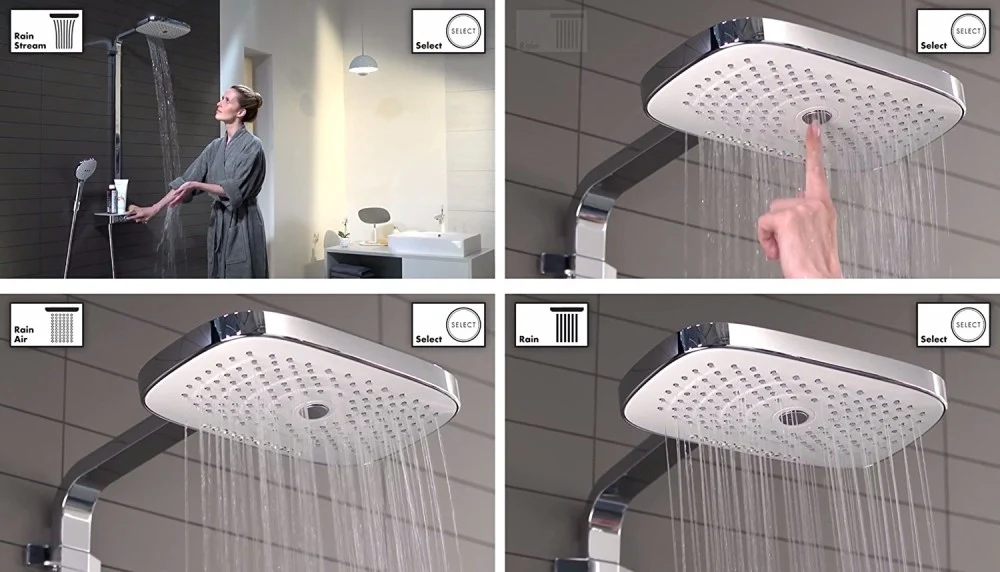Coloana dus cu baterie si termostat Hansgrohe Raindance Select E 300 3jet ST, alb/crom