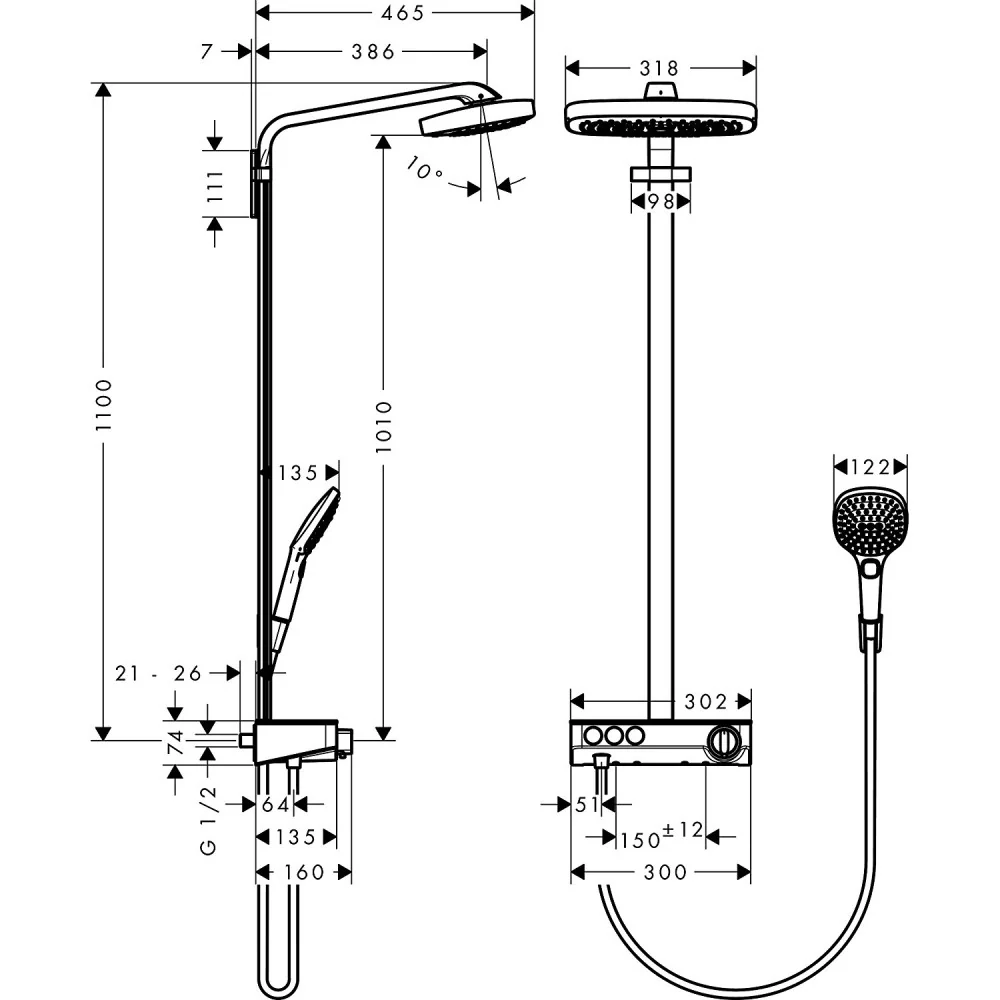 Coloana dus cu baterie si termostat Hansgrohe Raindance Select E 300 3jet ST