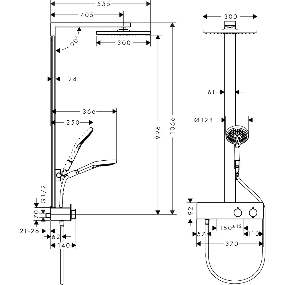 Coloana dus cu baterie si termostat Hansgrohe Raindance E 300, Shower Tablet