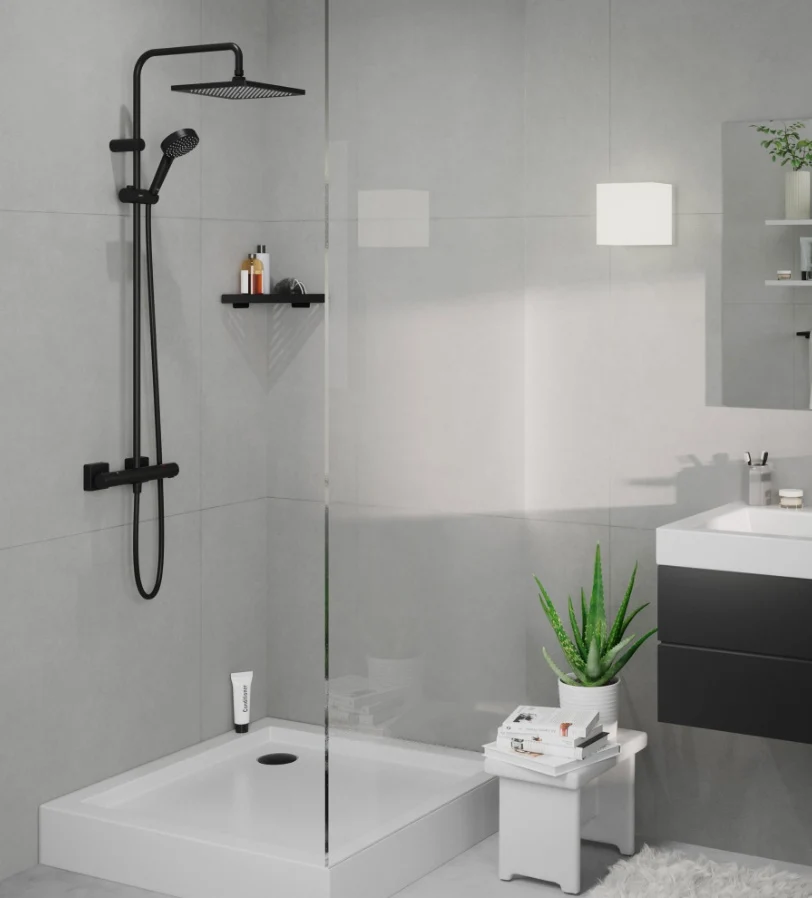 Coloana dus cu baterie si termostat Hansgrohe Vernis Shape 240, negru mat