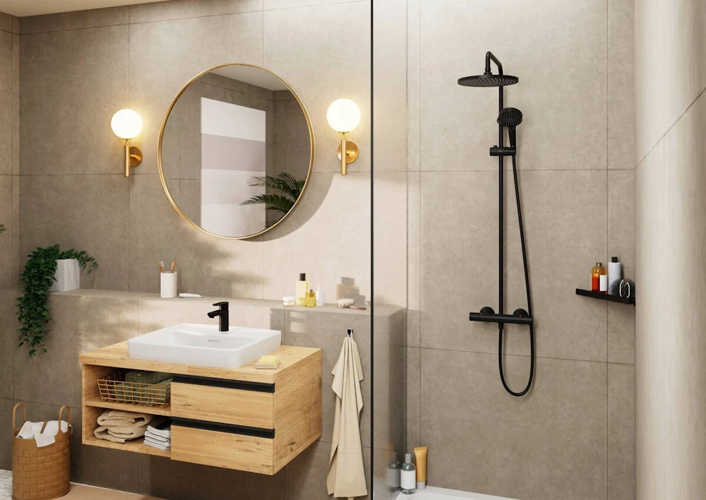 Coloana dus cu baterie si termostat Hansgrohe Vernis Blend 240 S, negru mat